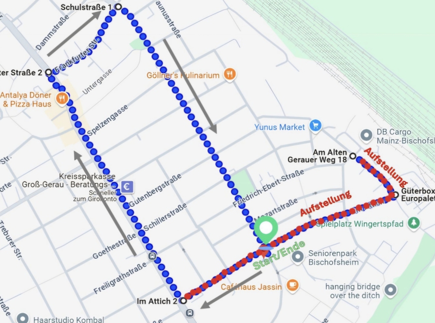 Plan des Zugwegs des Bischemer Umzugs 2025